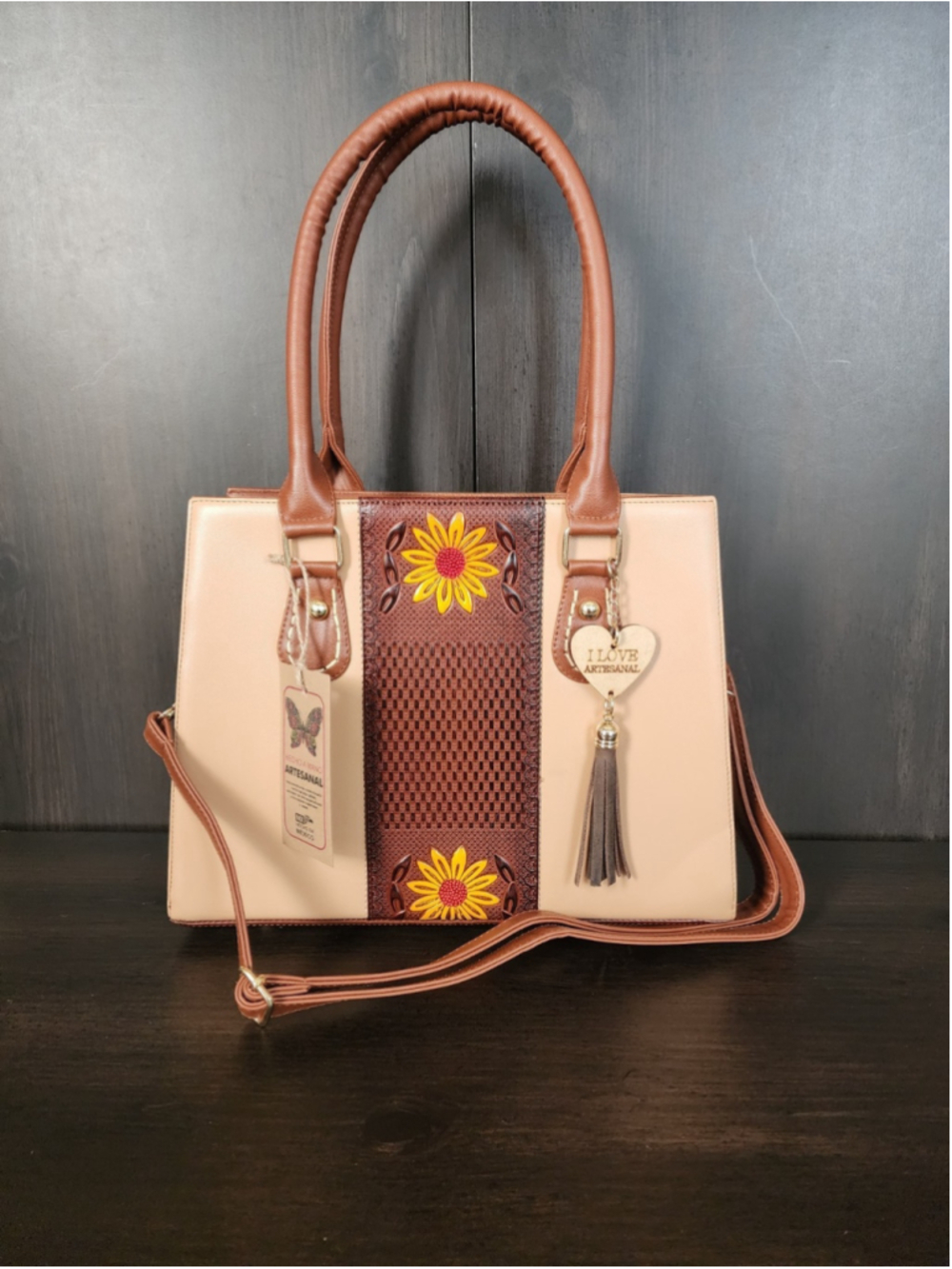 Beige Sunflowers Embossed Tooled Artisan Bag Purse Tote Handbag Bolsa Artesanal - Picture 9 of 16